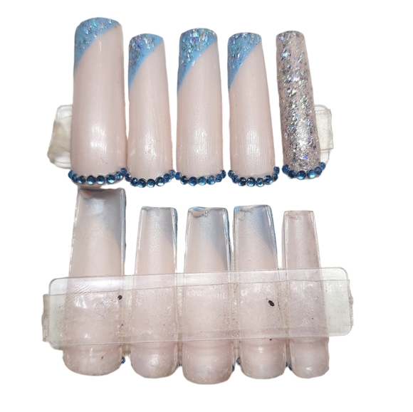 ❤️Blue Fench Tip XXL Rhinestone Acrylic Press-On Nails☆ - Picture 3 of 3